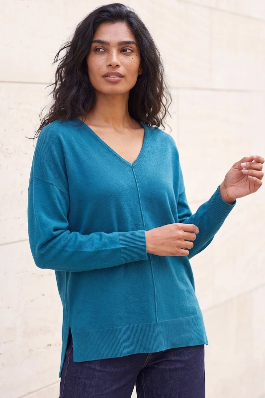 Image of Roman Womens Soft V-Neck Side Split Knit Sweater in Teal Size: 10 Teal Female 10