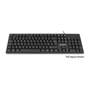 image of Manhattan Keyboard UK USB Wired Standard Qwerty layout Black Full Size Keys Cable 1.5m USB-A connection Plug and Play Three Year Warranty Retail Boxed