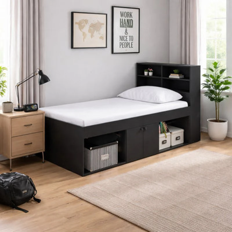 Image of Kidsaw Low Single 3ft Black Cabin Bed With Bookcase Headboard