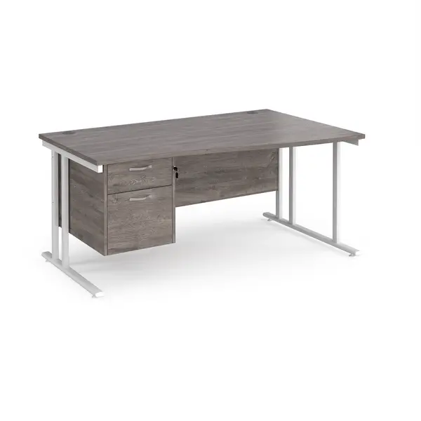 image of Maestro 25 right hand wave desk 1600mm wide with 2 drawer pedestal - white cantilever leg frame, grey oak top