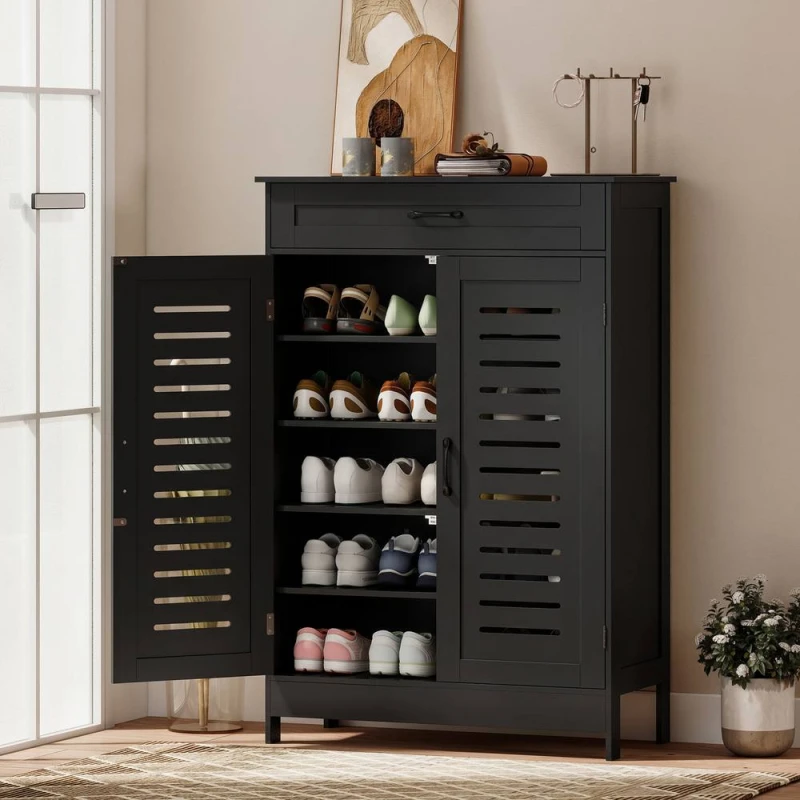 Image of HOMCOM Modern Shoe Storage Cabinet with Louvered Doors & Drawer in Black Unisex