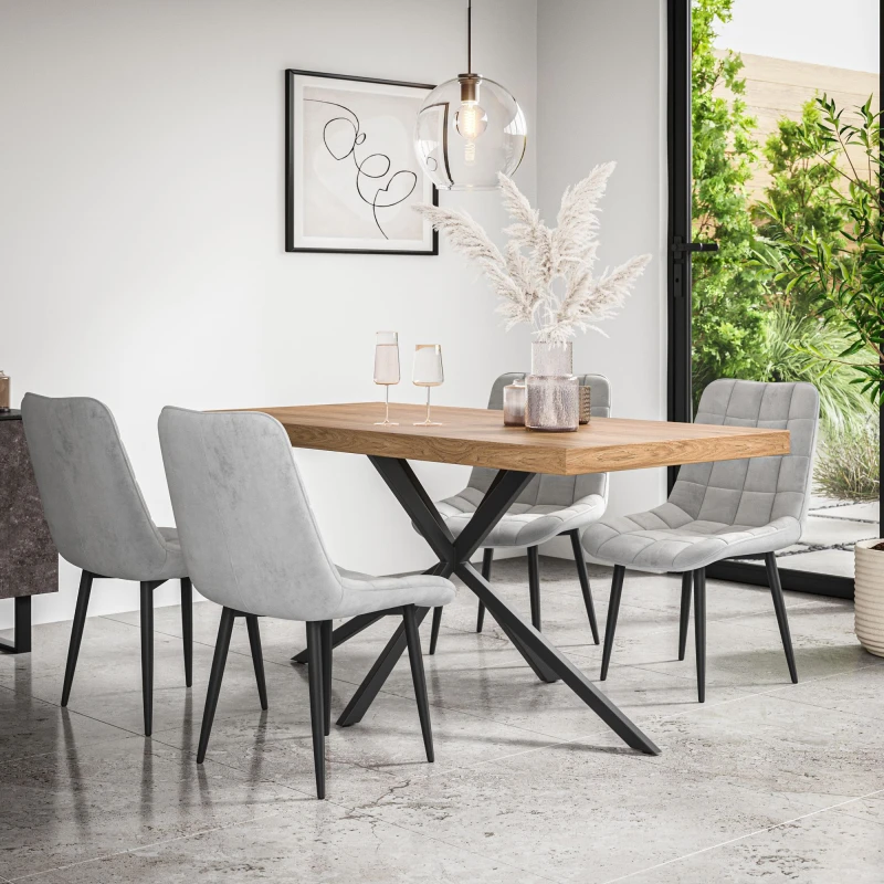 Image of More4Homes Donni Dining Table And Chairs - Oak Effect Table Top W Black Legs + Nova Velvet Dining Chair Set Of 4 (Grey)