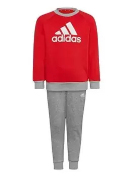 Image of Boys, adidas Younger Kids Essentials Badge Of Sport Crew & Jogger Set - Bright Red, Bright Red, Size 3-4 Years