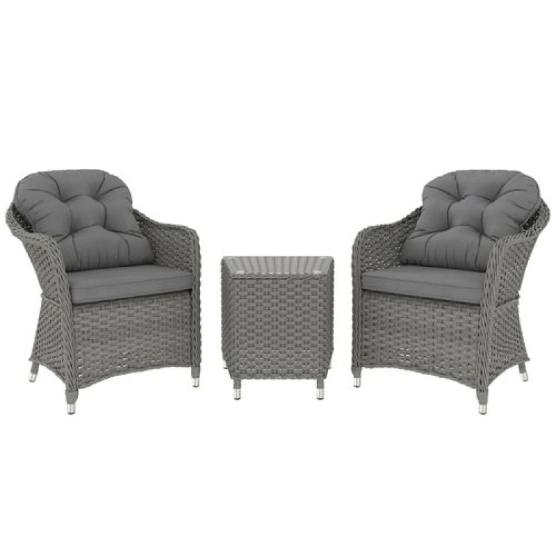 Image of Outsunny 3 PCS Aluminium Rattan Bistro Set with Soft Cushions & Glass Top, Grey 863-112V70LG