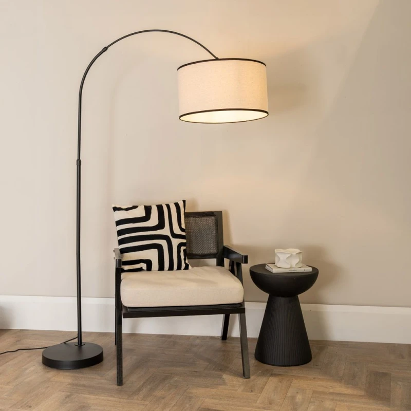 Image of ValueLights ValueLights Louis Black Metal Arched Floor Lamp with Linen Trim Drum Lamp Shade Black One Size Unisex 5059406056048