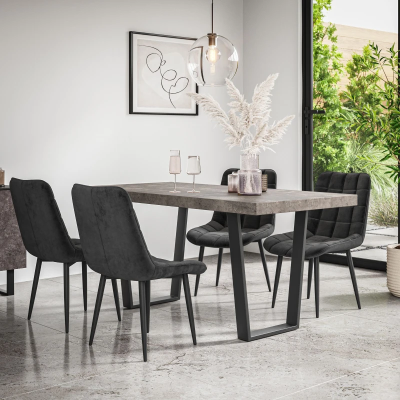 Image of More4Homes Aria Dining Table And Chairs - Concrete Effect Table Top W Black Legs + Nova Velvet Dining Chair Set Of 6 (Black)