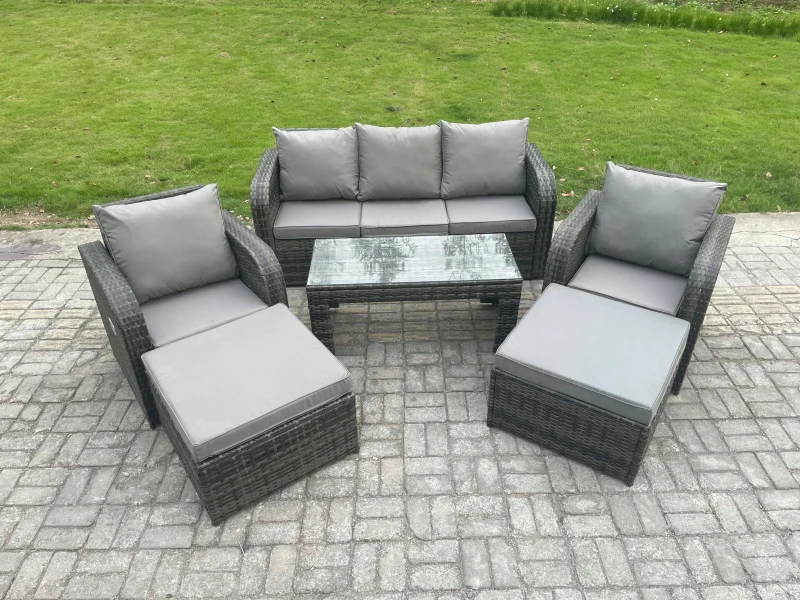 Image of Fimous 7 Seater Rattan Wicker Garden Furniture Patio Conservatory Sofa Set with Rectangular Coffee Table Reclining Chair 2 Big Footstool Dark Grey