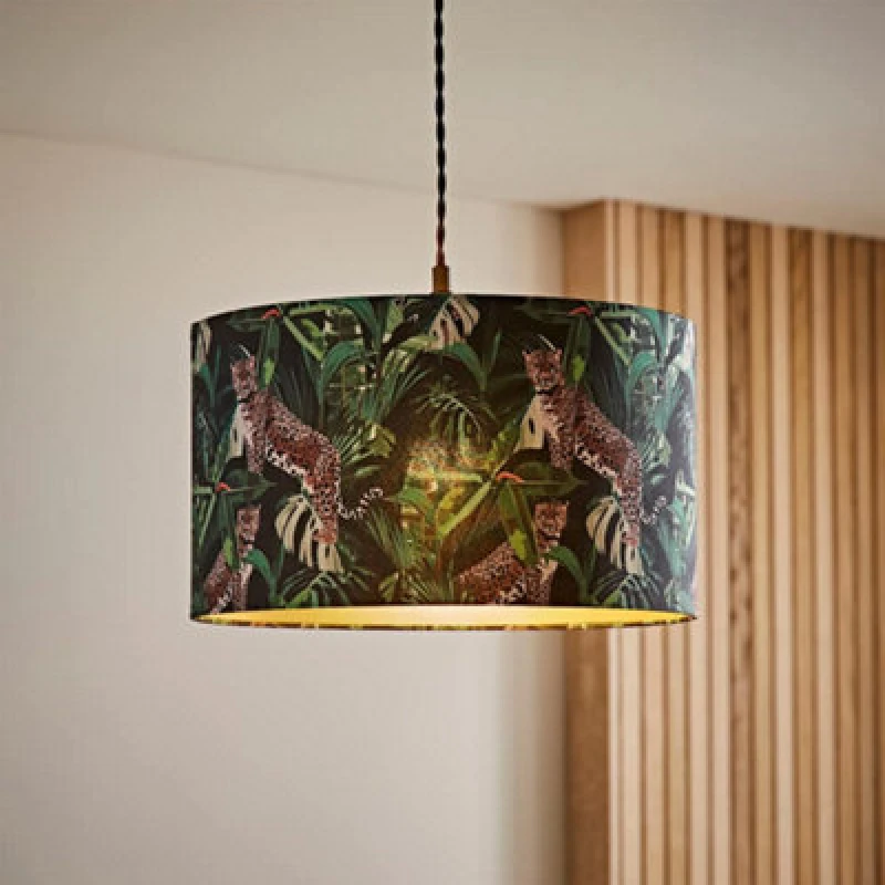 Image of ValueLights ValueLights Addalyn Green Jungle Print and Gold Inner Easy Fit Lamp Shade and Bulb Green One Size Unisex 5059406069659