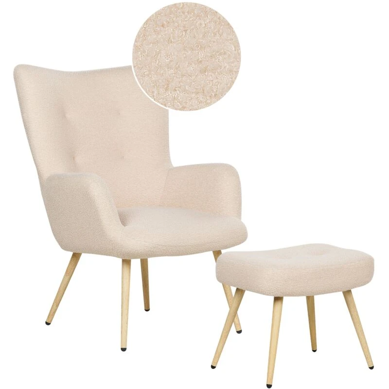 Image of Beliani Wingback Chair Vejle With Footstool Boucle Beige