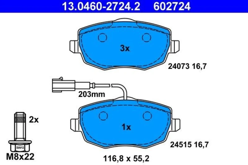 Image of ATE 13.0460-2724.2 Brake pad set incl. wear warning contact, with accessories, with brake caliper screws Brake Pad Set,disc brake (402)