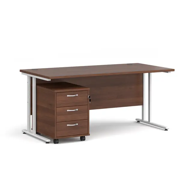 image of Maestro 25 Straight Desk White Frame Walnut Table Top and 3 Drawer Pedestal - 1600mm