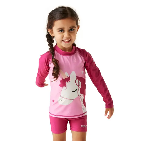 image of Regatta Girls Animal Rash Suit 48-60 Months (104-110cm) Luna the Unicorn/Sweet Pink RKM041G-DAL-48