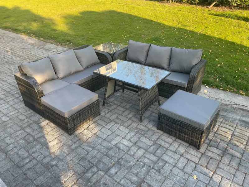 Image of Fimous Rattan Garden Furniture Dining Set 8 seater Patio Rectangular Table 2 Big Footstool Side Table Dark Grey Mixed Dark Grey