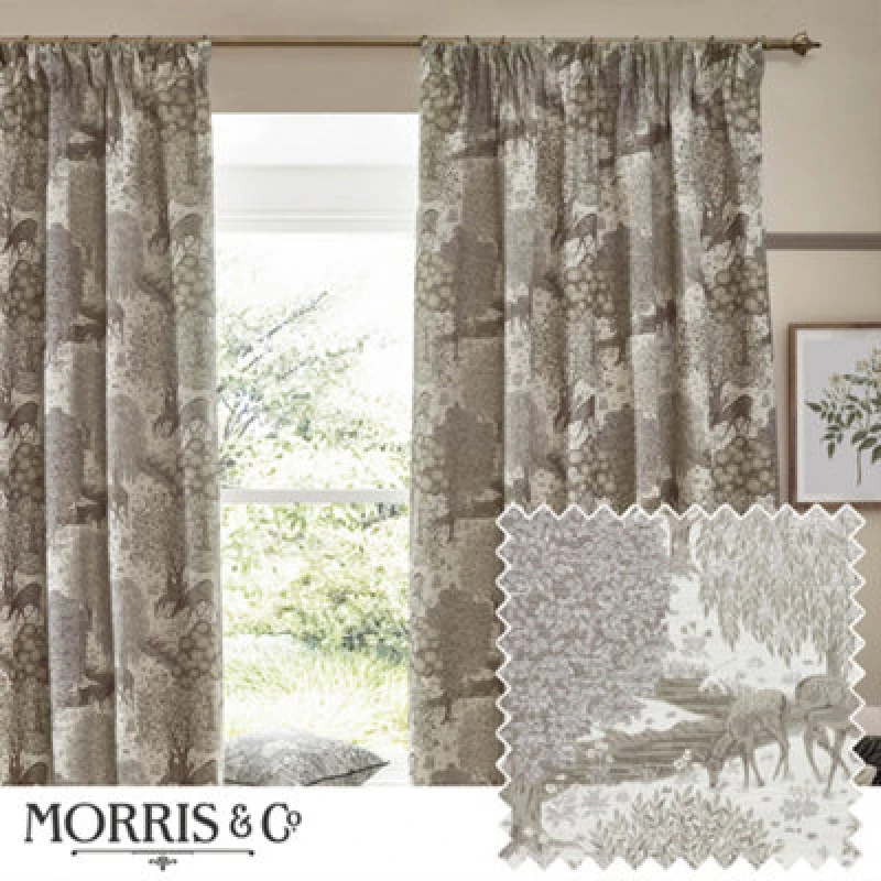 Image of Morris & Co Morris & Co Brook Woodland Jacquard Room Darkening Pencil Pleat Curtains in Beige Size: 117cm width x 137cm drop Beige 117cm width x 137