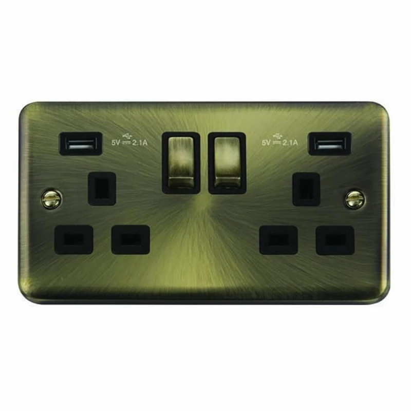 Image of SE Home Curved Antique Brass 2 Gang 13A DP Ingot 2 USB Twin Double Switched Plug Socket Gold
