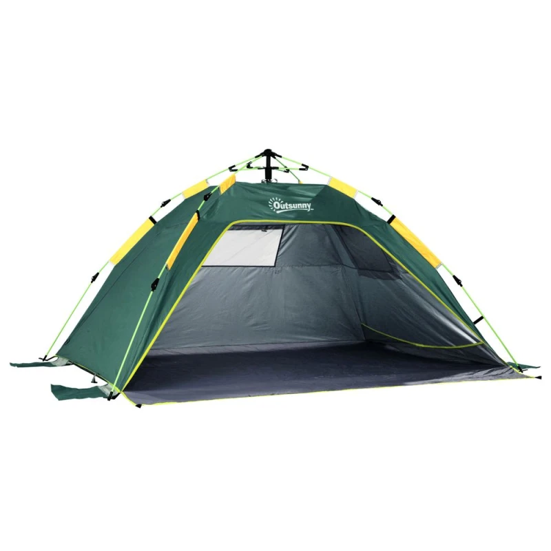 Image of Outsunny 2 Man Pop-up Beach Tent Sun Shade Shelter Hut w/ Windows Door Green
