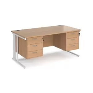 image of Office Desk Rectangular Desk 1600mm With Double Pedestal Beech Top With White Frame 800mm Depth Maestro 25 MCM16P33WHB