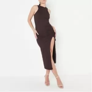 image of Missguided Racer Neck Ruched Side Midaxi Dress - Brown