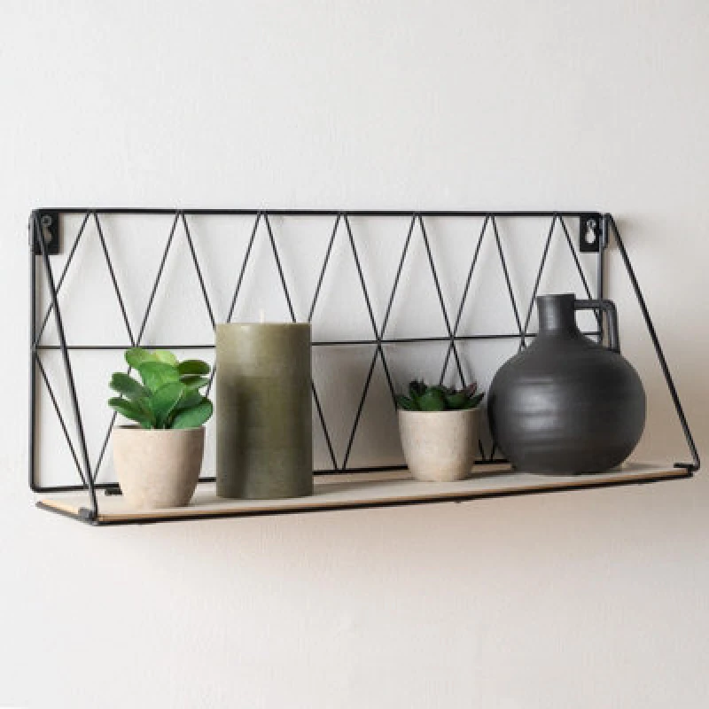 Image of OHS OHS Geometric Wire Shelf Wall Unit Wood Tier Storage Display Office Living Room Home in Black One Size Unisex 5027434198467