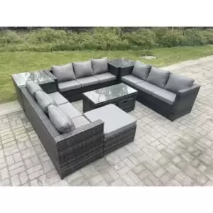Image of Fimous 9 Seater Outdoor Dark Grey Rattan Lounge Complete Sofa Set with Coffee Table, Side Tables and Big Footstool