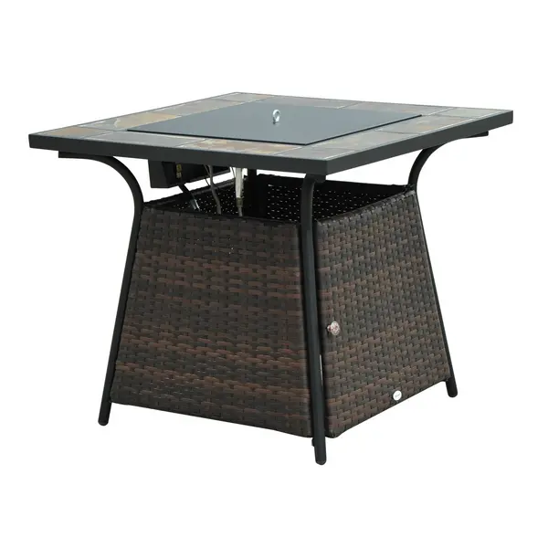 Image of Outsunny Wicker Gas Fire Pit W/Lid 80Lx80Wx69H cm-Brown /Black