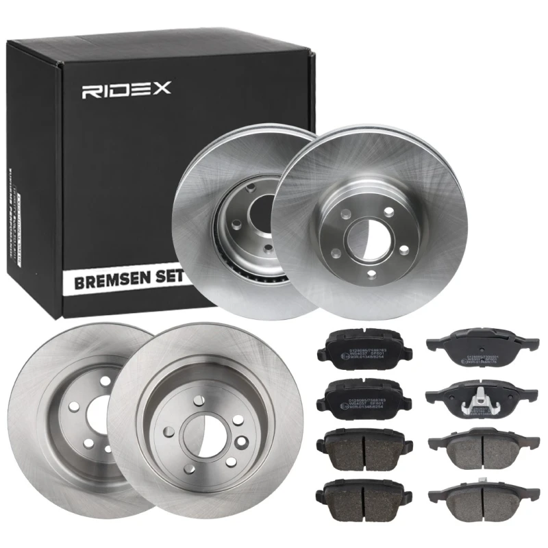 Image of RIDEX 3405B1687 Brake disc and pads set Rear Axle, Brake Disc Type: Solid, not prepared for wear warning indicator, with anti-squeak plate Brake Set,