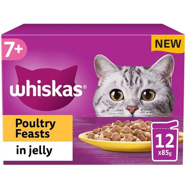 image of Whiskas 7+ Adult Poultry Feasts in Jelly Cat Food 12 x 85g