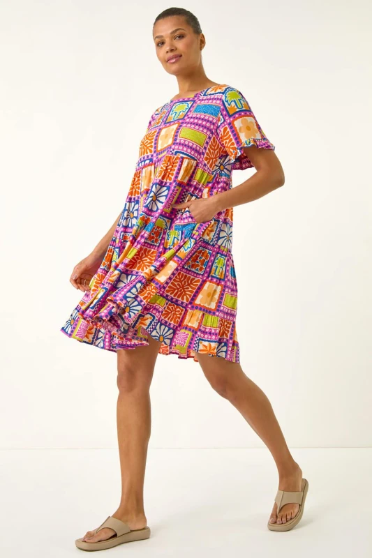 Image of Roman Womens Tiled Tiered Frill Smock Dress in Pink Size: 16 Pink Female 16