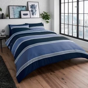 image of Sleepdown Banded Stripe Duvet Set Navy Double Polycotton