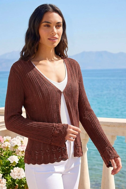 Image of Roman Womens Light Ribbed Knit Cardigan in Chocolate Size: 18 Chocolate Female 18