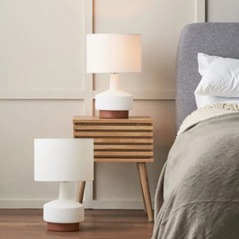 Image of Pacific Lifestyle Set Of 2 Elio White And Wood Effect Textured Ceramic Table Lamp