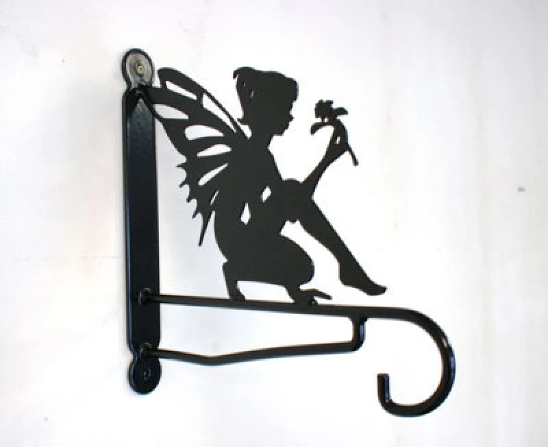 Image of Poppy Forge Fairy With Flower Feature Bracket - Steel Hanging Basket Holder - Steel - H33cm - Black