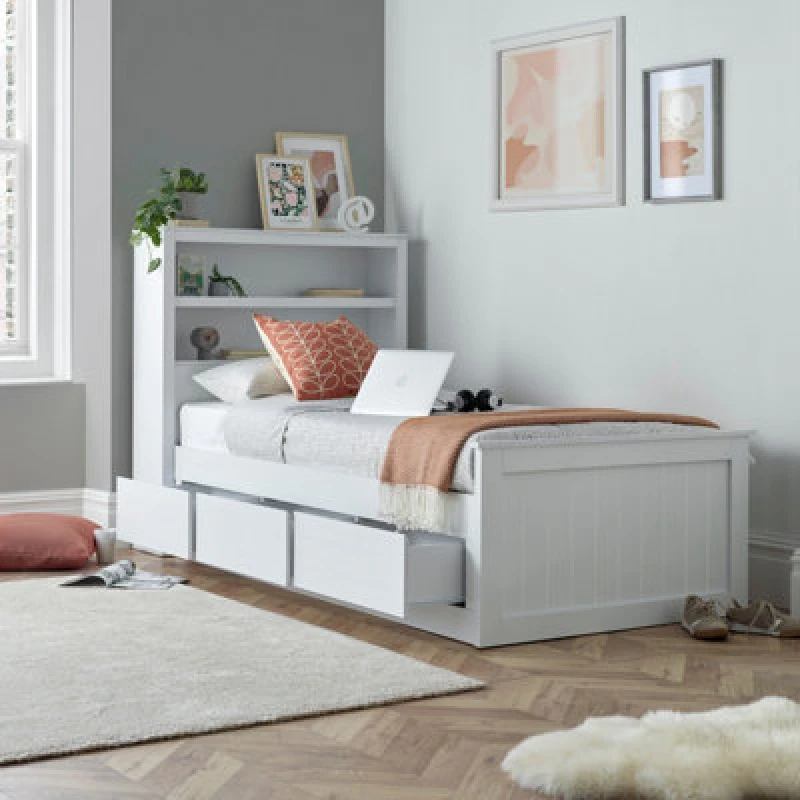 Image of Bedmaster Enzo White Wooden 3 Drawer Bookcase Bed And Spring Mattress
