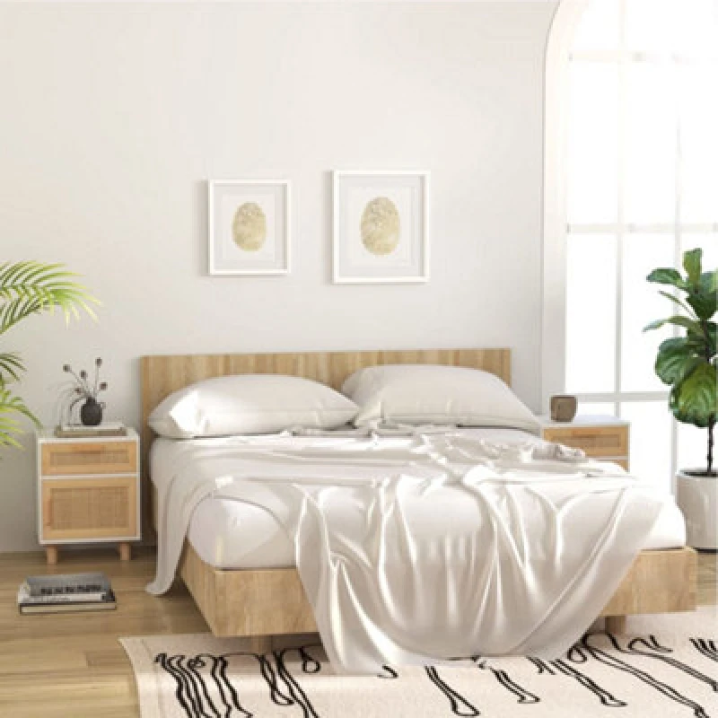 Image of Vidaxl Bedside Cabinets 2 Pcs White Solid Wood Pine And Natural Rattan, White 345607