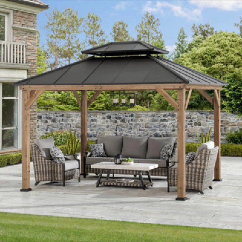 Image of Sunjoy Outdoor Cedar Wood Gazebo With 2-Tier Steel Roof - 300Cm X 360Cm, Anthracite