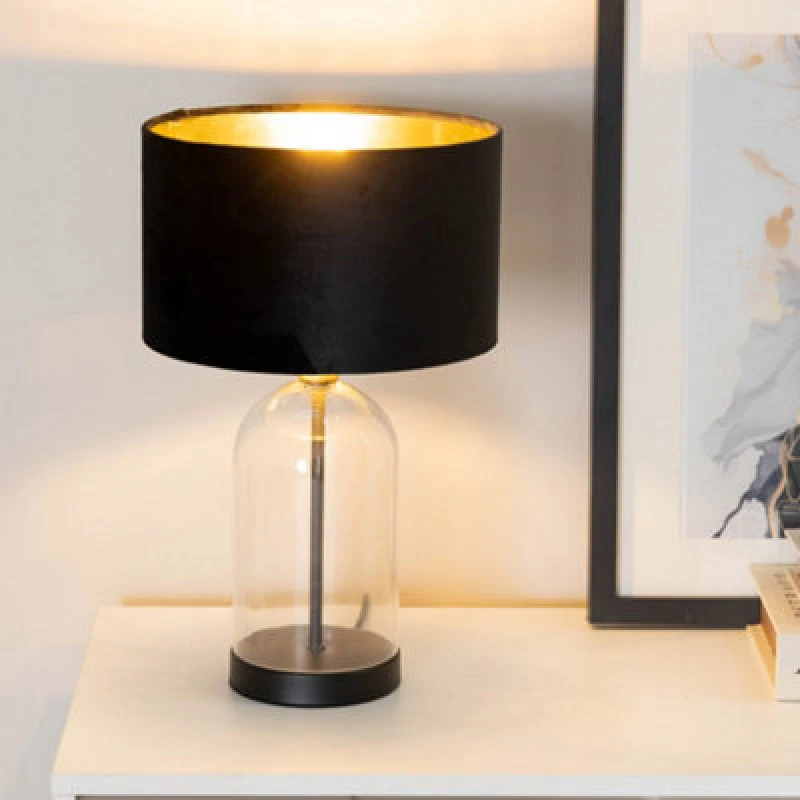 Image of ValueLights ValueLights Jessy Glass with Black Trim Table Lamp with Black Velvet & Gold Inner Lamp Shade Black One Size Unisex 5059406060953