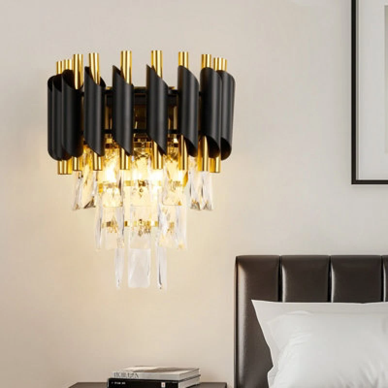 Image of Harper Living Crystal Wall Light, Modern Wall Lamp Indoor With 3 Tiers Crystals, Black & Gold Finish Crystal Wall Sconce