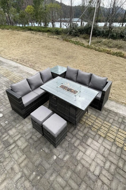 Image of Fimous Garden Corner Furniture Gas Fire Pit Table Sets Heater Lounge Small Footstools Dark Grey