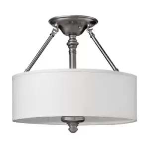 Image of 3 Bulb Semi Flush Light Clear Glass Stem White Fabric Shade Nickel LED E27 60W