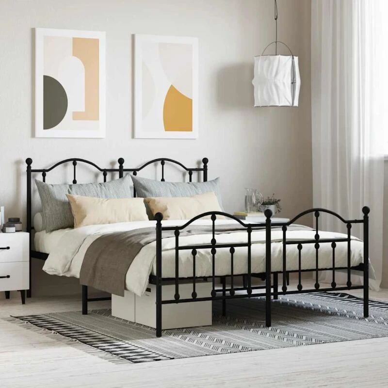Image of Vidaxl Metal Bed Frame Without Mattress With Footboard Black 140X200 Cm, Black 353458