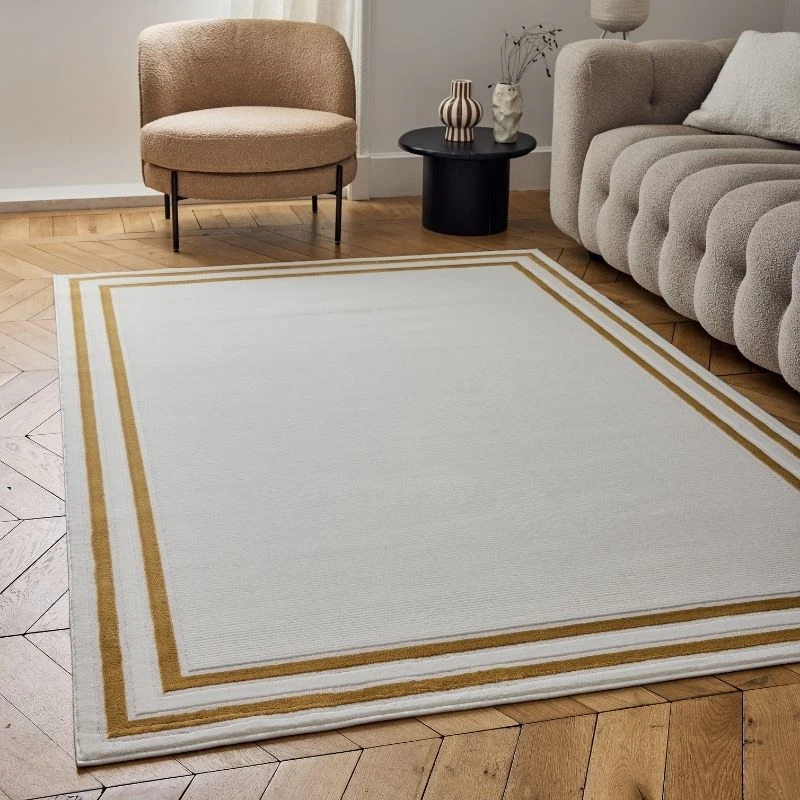Image of THE RUGS Carmel Modern Area Rugs & Runners Bordered Design Soft Pile in Gold Size: 80cm x 300cm Gold Unisex 80cm x 300 cm