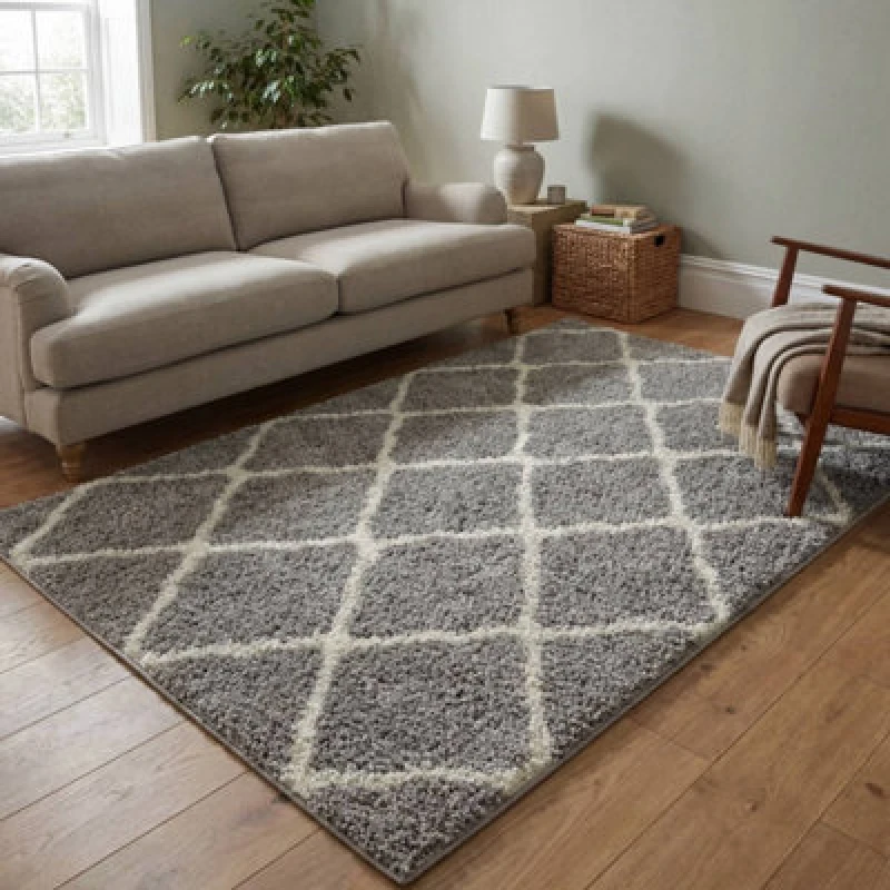 Image of THE RUGS Soft Moroccan Shaggy Rugs & Runners Grey & Ivory Living Room Size: 140cm x 200cm Grey Unisex 140cm x 200 cm