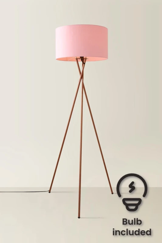 Image of ValueLights ValueLights Camden Copper Metal Tripod Floor Lamp with Drum Lamp Shade and Bulb in Dusty Pink Dusty Pink One Size Unisex 5055759993214