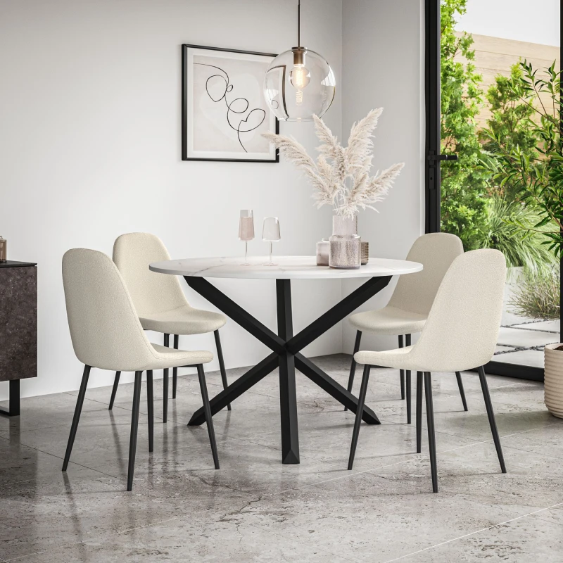Image of More4Homes Malvern Round Dining Table And Chairs - Marble Table Top W Solid Oak Black Legs + Maya Boucle Dining Chair Set Of 4 (Ivory White)