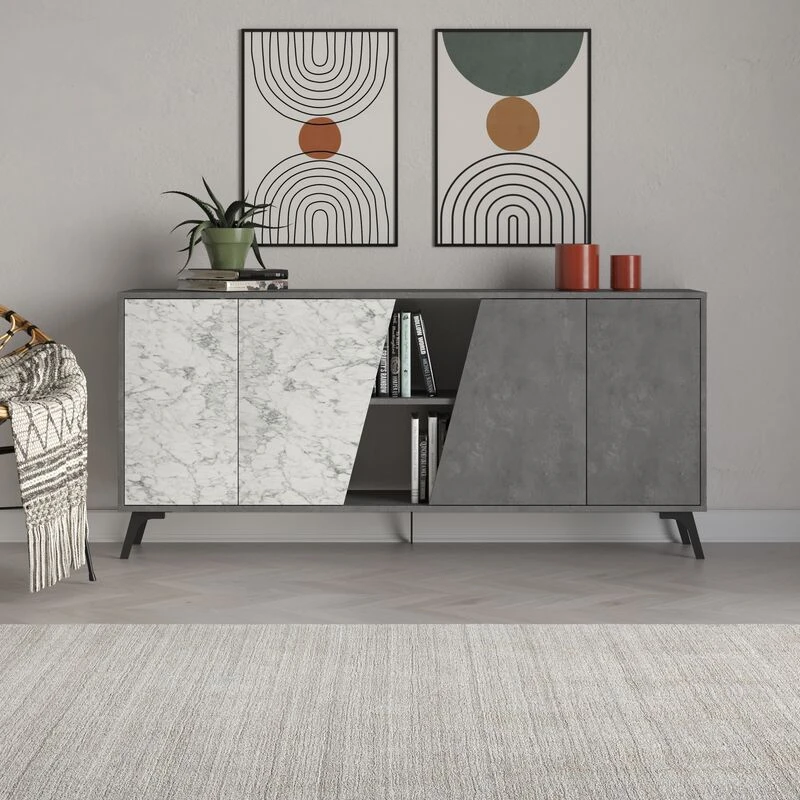 Image of Decortie Modern Fiona Console Sideboard Storage Cabinet 180(W)Cm Retro Grey, White Marble Effect