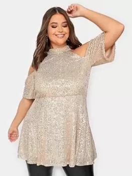 Image of Yours Sequin Choker Cold Shoulder, Gold, Size 16, Women