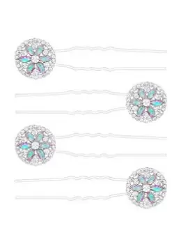 image of Mood Silver Crystal And Ab Floral Disc Hair Pins - Pack of 4, Silver, Women