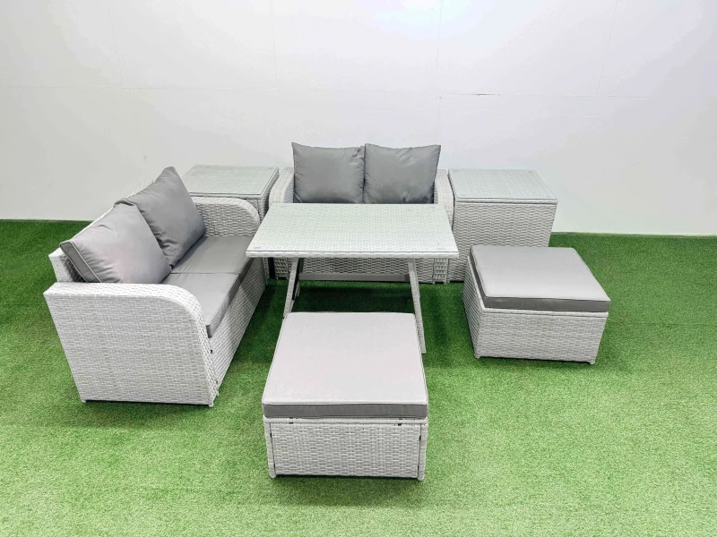 Image of Fimous 6 Seater Outdoor Love Sofa Set Rattan Garden Furniture Set With Dining Table 2 Side Tables 2 Big Footstool Light Grey