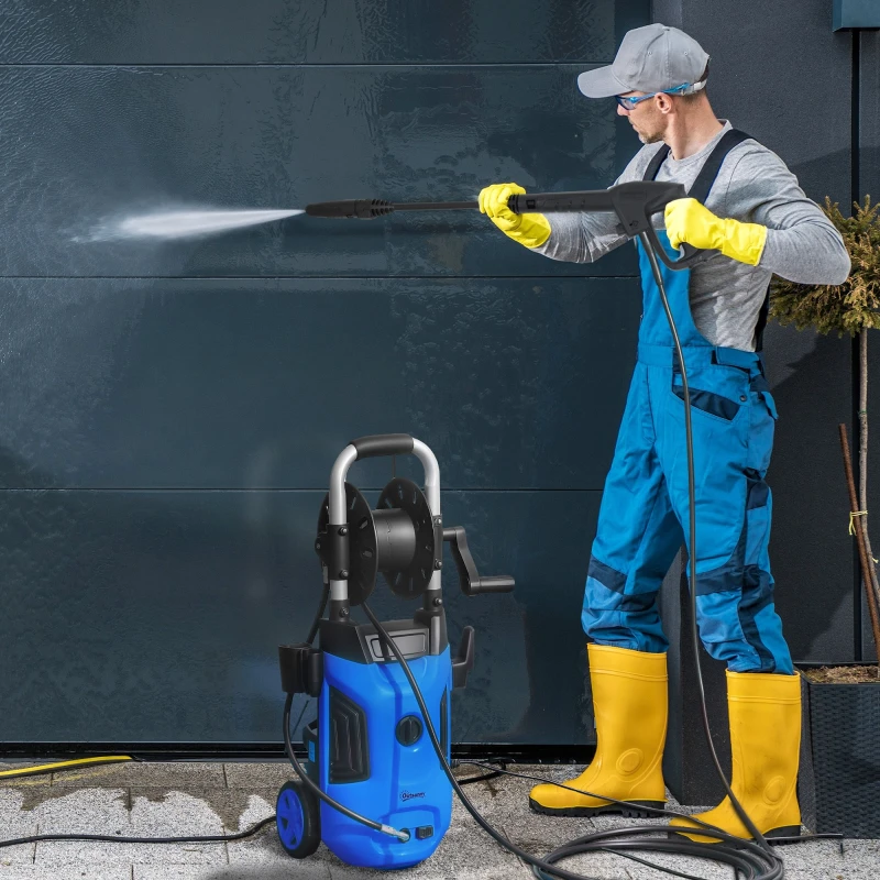 Image of Outsunny 1800W Power Washer 150 Bar Pressure 6M Hose and Hose Reel, Blue 84H-376V70BU