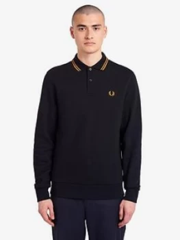 Fred Perry Fleeceback Long Sleeve Polo Shirt, Black, Size 2XL, Men